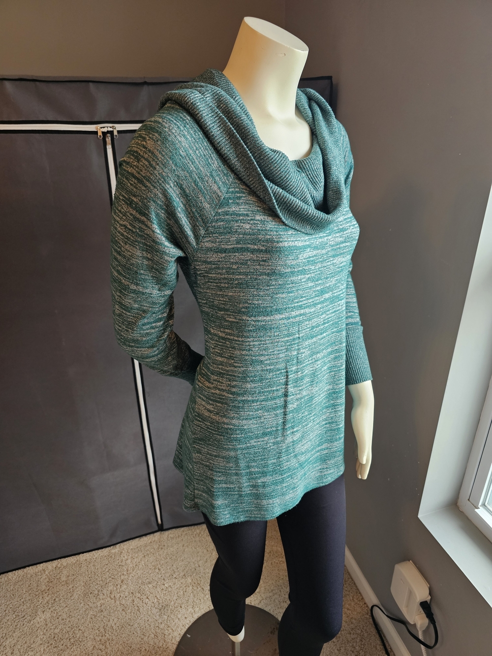 Teal Marled Cowl Neck Tunic Sweater